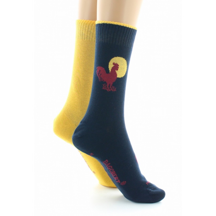 Chaussettes Reversibles Chaussettes Dagobert | Chaussettes Reversibles Coq Marine Et Jaune - Dagobert A L'Envers