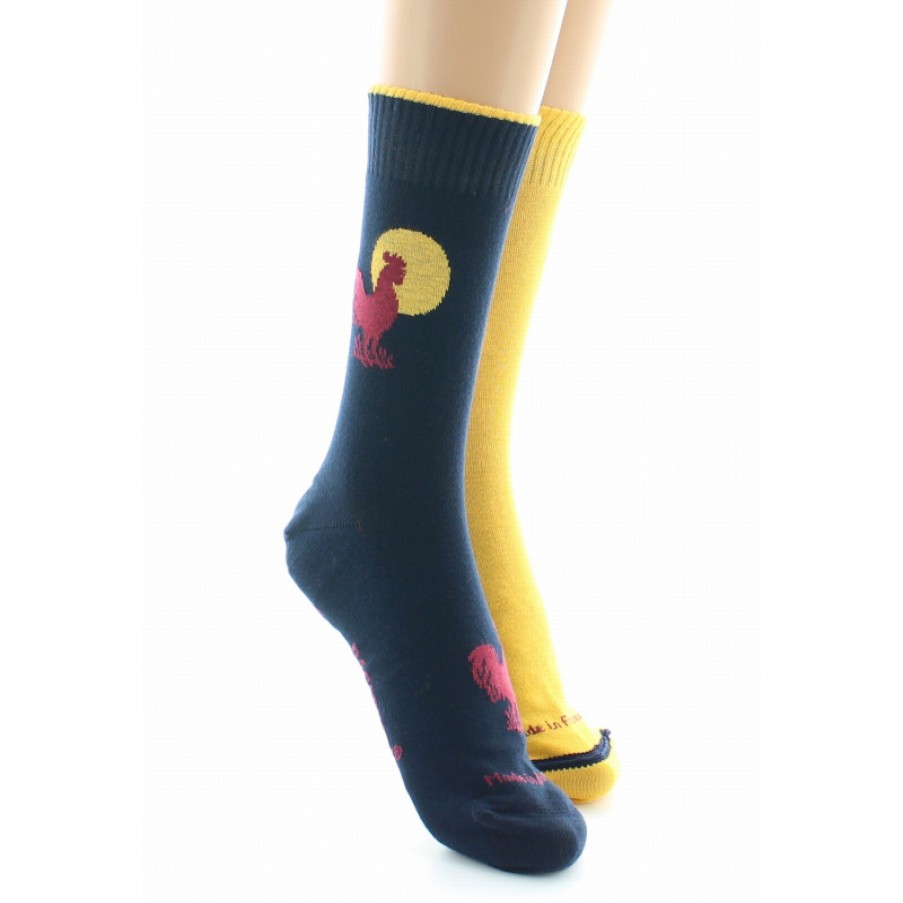 Chaussettes Reversibles Chaussettes Dagobert | Chaussettes Reversibles Coq Marine Et Jaune - Dagobert A L'Envers