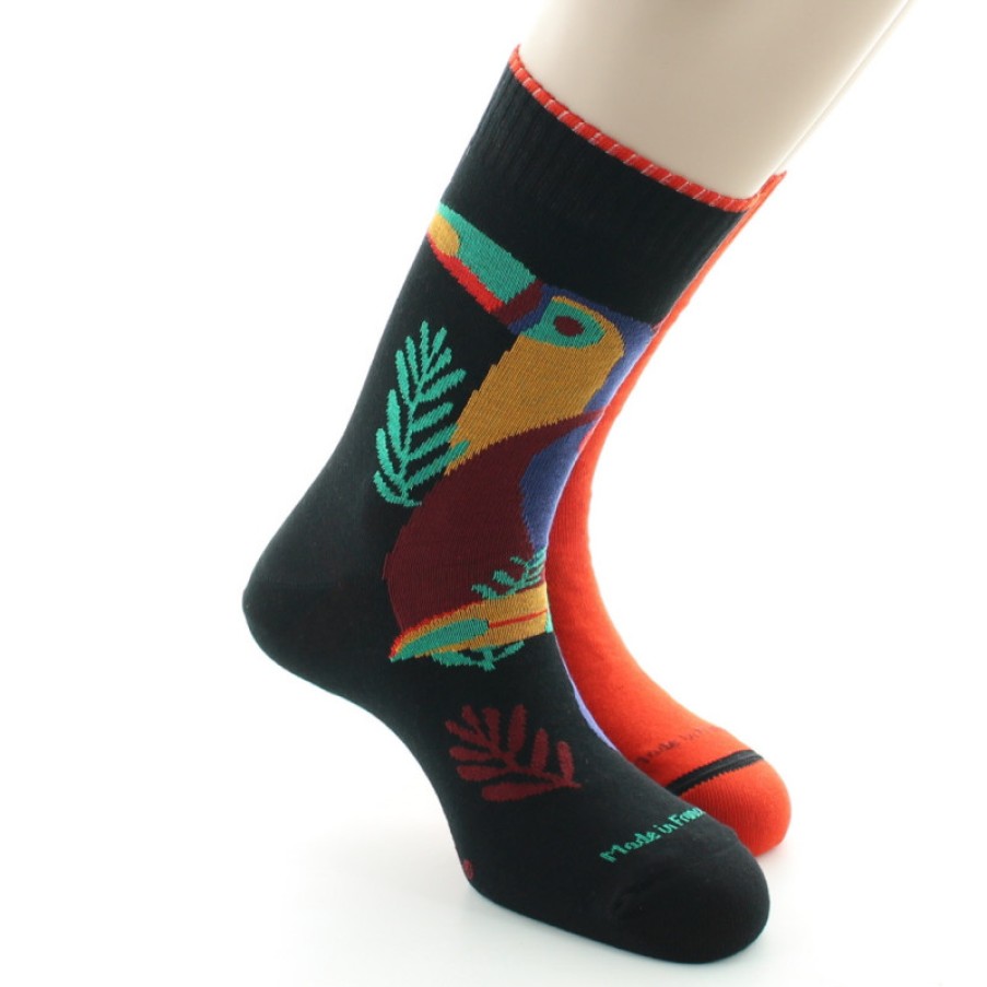 Chaussettes Reversibles Chaussettes Dagobert | Chaussettes Reversibles Noir Et Orange Toucan - Dagobert A L'Envers