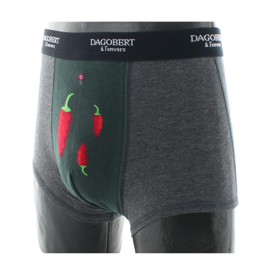 Boxers Chaussettes Dagobert | Boxer Gris Anthracite Et Vert A Motif Piments Dagobert A L'Envers