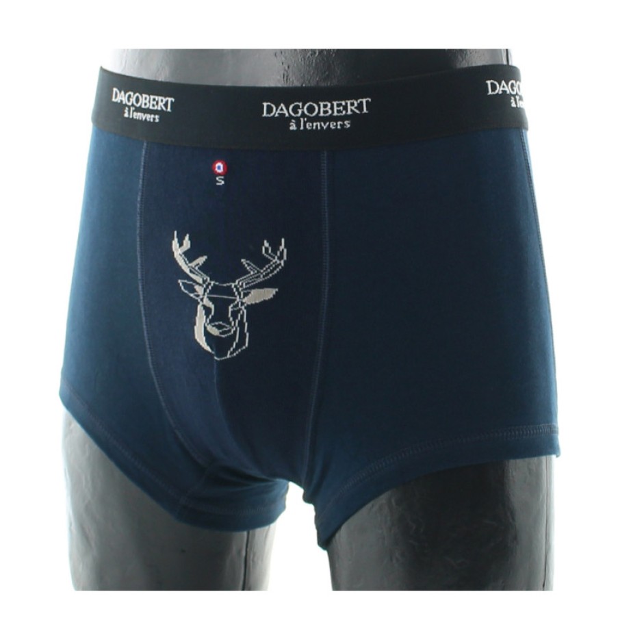 Boxers Chaussettes Dagobert | Boxer Original Bleu Marine A Motif Cerf Dagobert A L'Envers