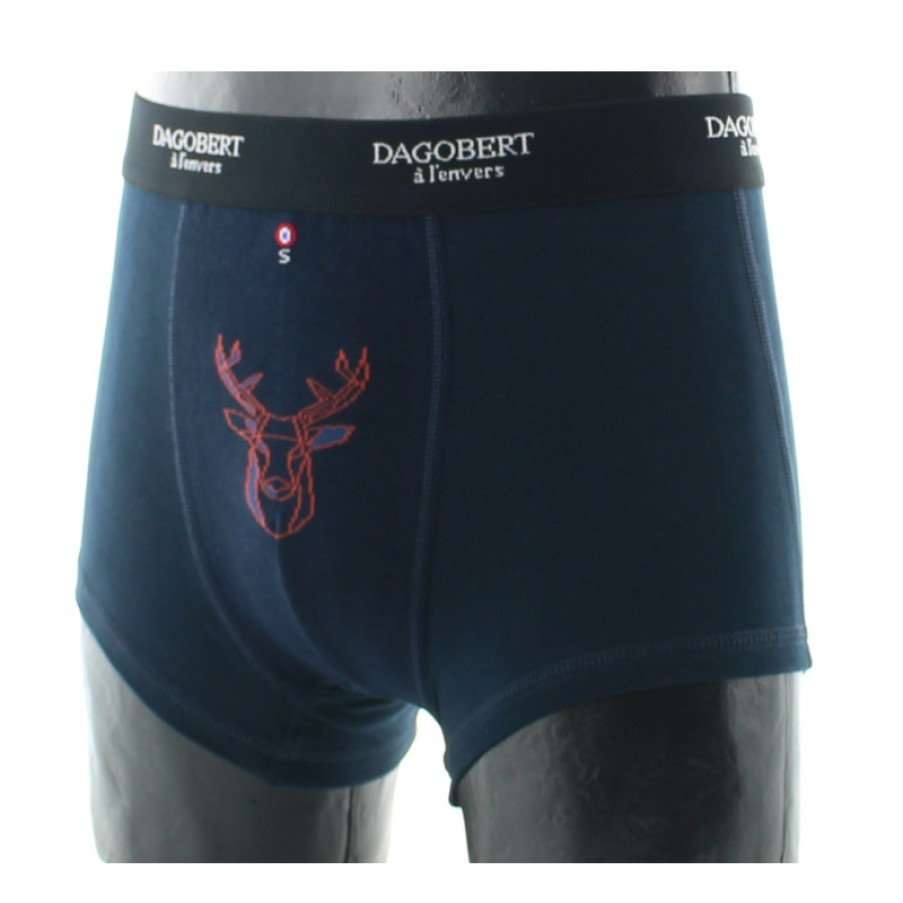 Boxers Chaussettes Dagobert | Boxer Bleu Marine A Motif Fantaisie Cerf Dagobert A L'Envers