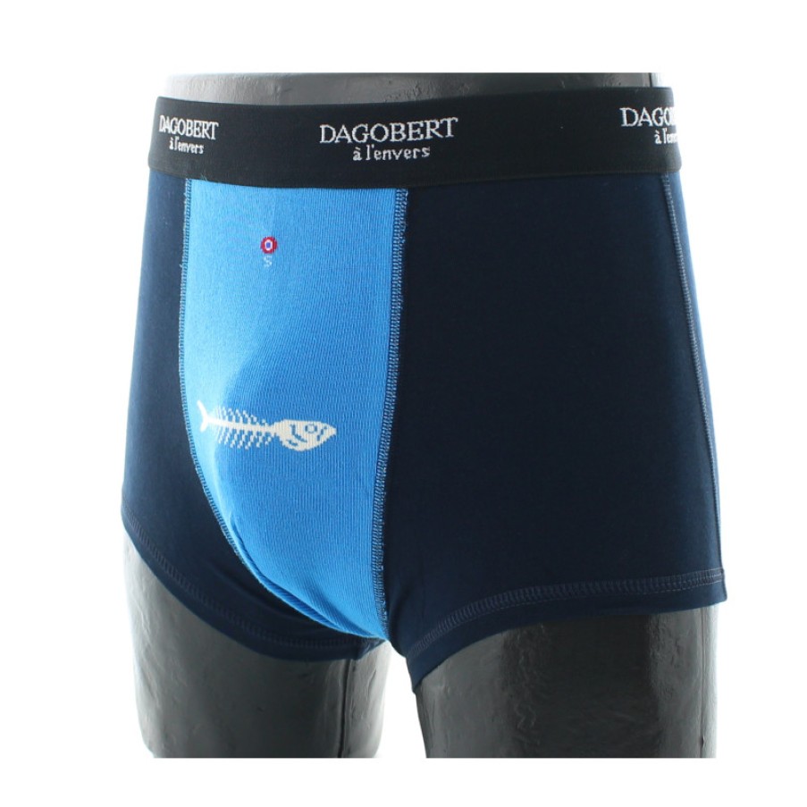 Boxers Chaussettes Dagobert | Boxer Fantaisie Marine Et Bleu A Motif Sardine Dagobert A L'Envers