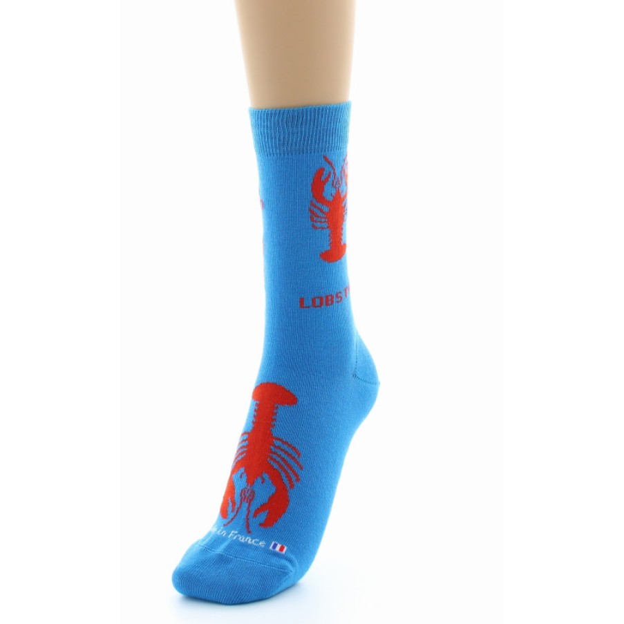 Chaussettes Chaussettes Dagobert | Chaussettes Fantaisie A Motif Homard Fond Bleu Dagobert A L'Envers