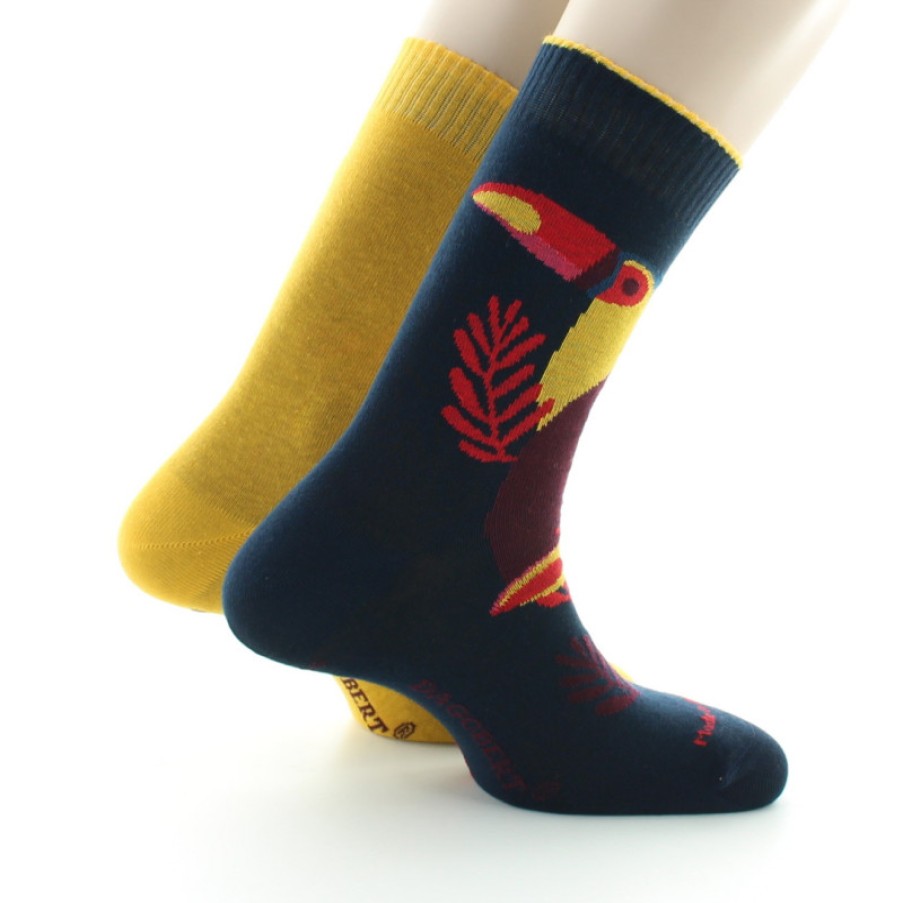 Chaussettes Reversibles Chaussettes Dagobert | Chaussettes Doubles Reversibles Bleu Marine Et Jaune Toucans Dagobert