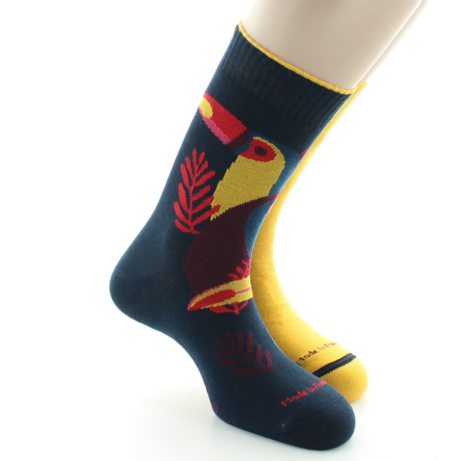 Chaussettes Reversibles Chaussettes Dagobert | Chaussettes Doubles Reversibles Bleu Marine Et Jaune Toucans Dagobert