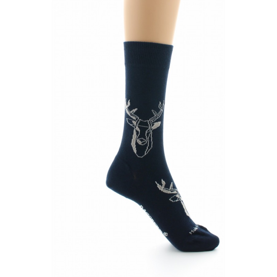 Chaussettes Chaussettes Dagobert | Chaussettes Originales A Motif Cerf Fond Marine Dagobert A L'Envers