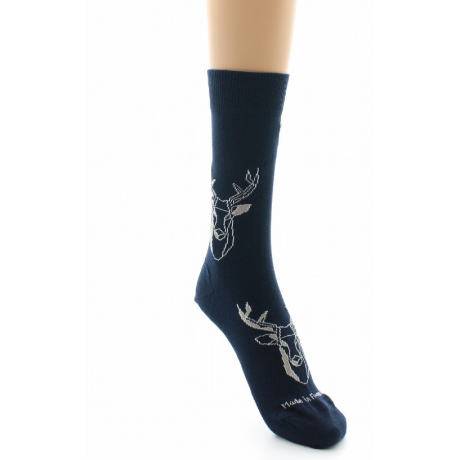 Chaussettes Chaussettes Dagobert | Chaussettes Originales A Motif Cerf Fond Marine Dagobert A L'Envers