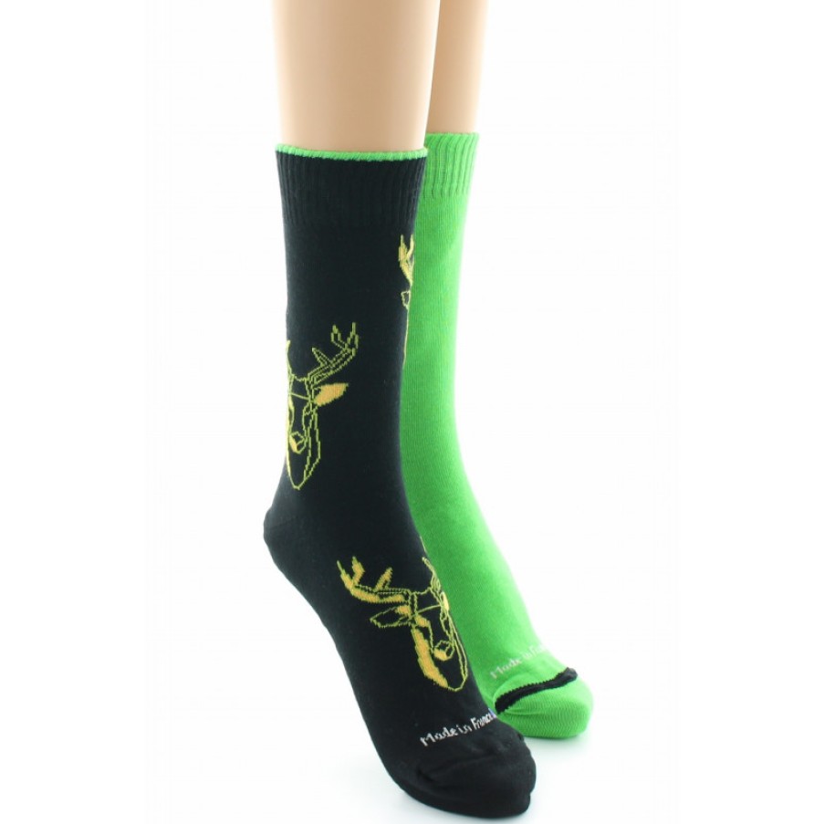 Chaussettes Reversibles Chaussettes Dagobert | Chaussettes Reversibles Cerf Noir Et Vert Pomme Dagobert A L'Envers