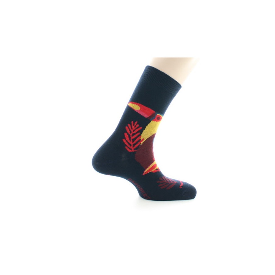 Chaussettes Chaussettes Dagobert | Chaussettes Fantaisie A Motif Toucan Fond Marine Dagobert A L'Envers