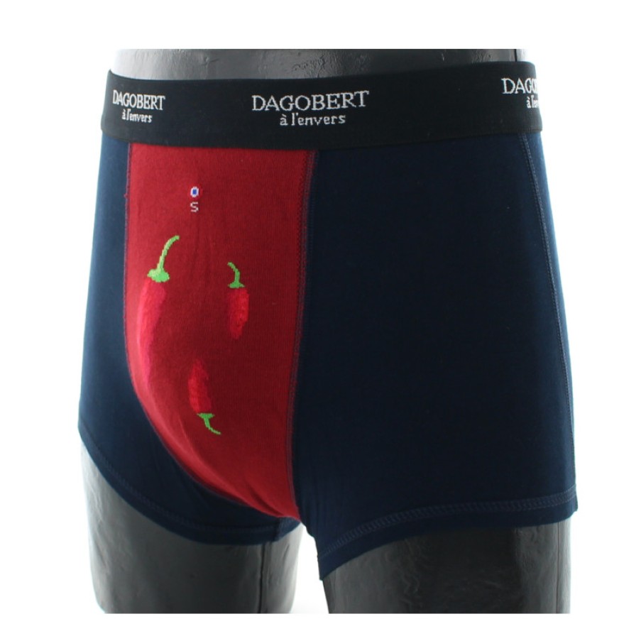 Boxers Chaussettes Dagobert | Boxer Fantaisie Marine Et Rouge A Motif Piments Dagobert A L'Envers