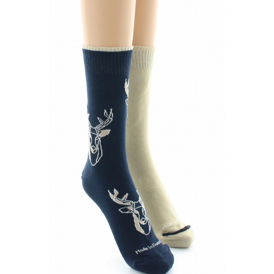 Chaussettes Reversibles Chaussettes Dagobert | Chaussettes Reversibles Cerf Marine Et Beige Dagobert A L'Envers